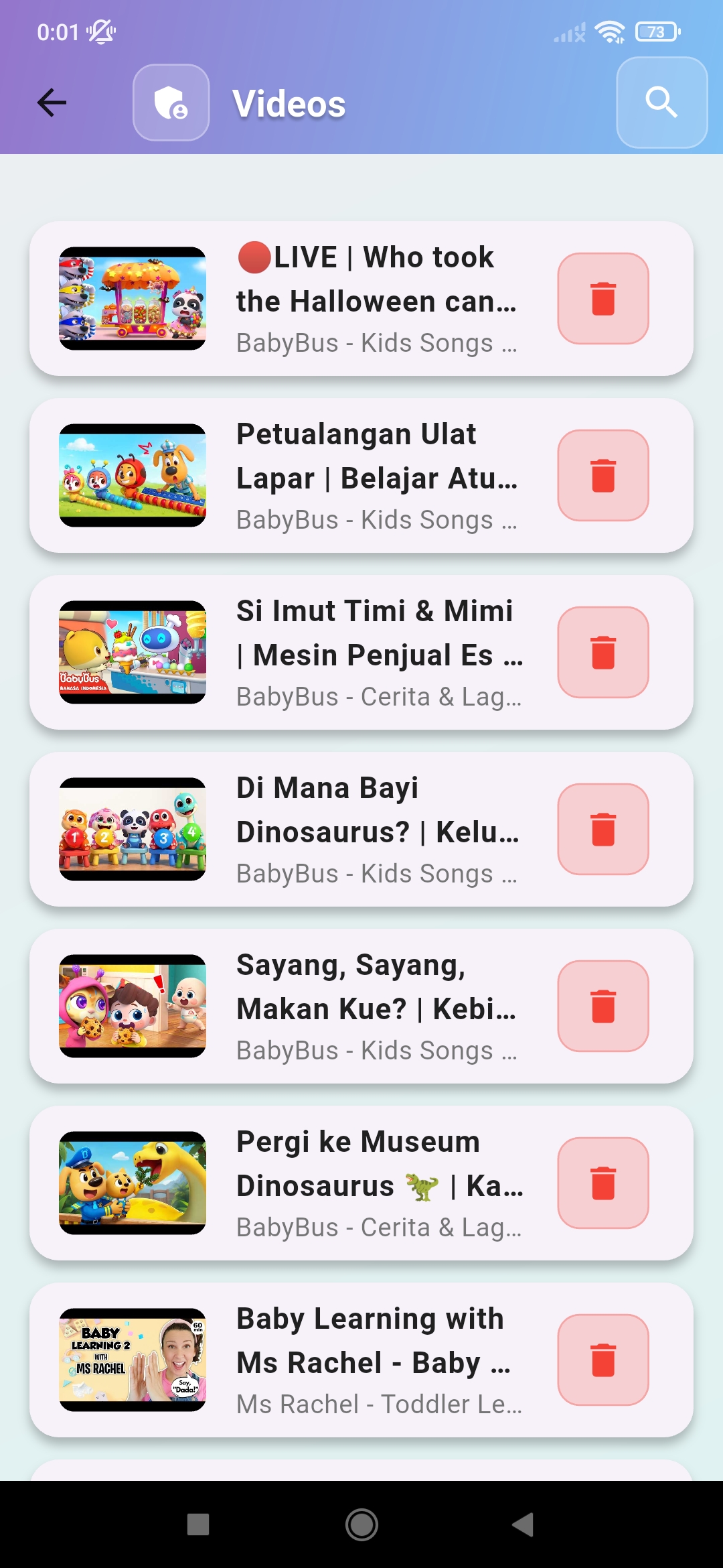 Manage videos screen